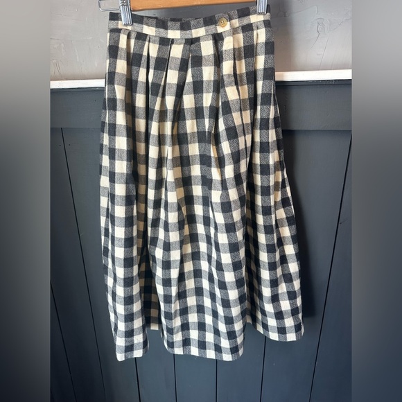 Vintage Dresses & Skirts - Vintage Wool Pleated Black and Cream Oversize Gingham Midi Skirt size 6